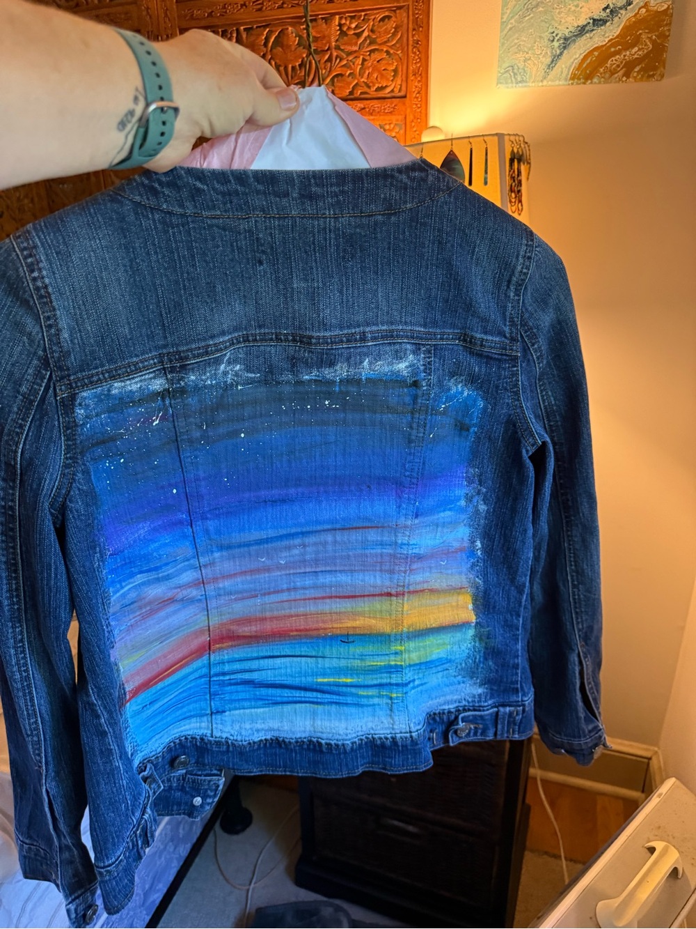 Bandolino Dark Blue Denim Jacket with Painted Sunset Hues